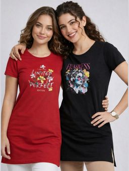 Vero Amore - Womens Printed Half Sleeve Round Neck Long T-Shirt (Pack of 2)