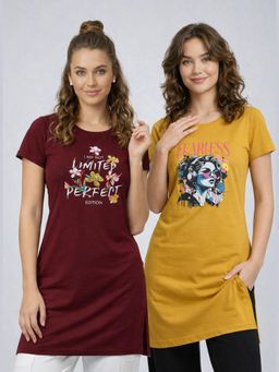 Vero Amore - Womens Printed Half Sleeve Round Neck Long T-Shirt (Pack of 2)