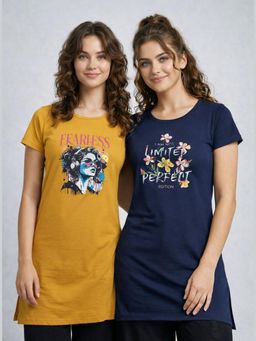 Vero Amore - Womens Printed Half Sleeve Round Neck Long T-Shirt (Pack of 2)