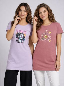 Vero Amore - Womens Printed Half Sleeve Round Neck Long T-Shirt (Pack of 2)