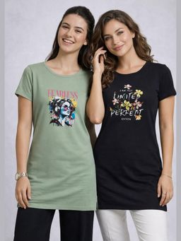 Vero Amore - Womens Printed Half Sleeve Round Neck Long T-Shirt (Pack of 2)