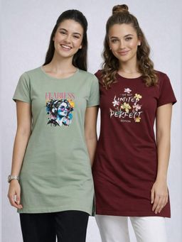 Vero Amore - Womens Printed Half Sleeve Round Neck Long T-Shirt (Pack of 2)