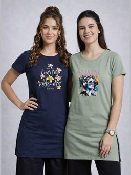 Vero Amore - Womens Printed Half Sleeve Round Neck Long T-Shirt (Pack of 2)