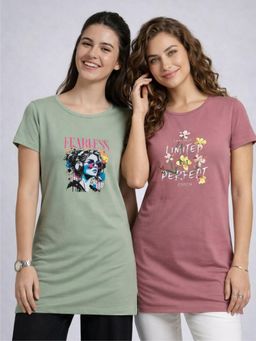 Vero Amore - Womens Printed Half Sleeve Round Neck Long T-Shirt (Pack of 2)