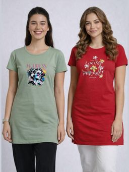 Vero Amore - Womens Printed Half Sleeve Round Neck Long T-Shirt (Pack of 2)