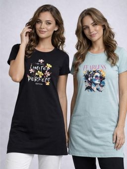 Vero Amore - Womens Printed Half Sleeve Round Neck Long T-Shirt (Pack of 2)