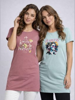 Vero Amore - Womens Printed Half Sleeve Round Neck Long T-Shirt (Pack of 2)