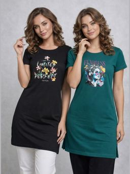 Vero Amore - Womens Printed Half Sleeve Round Neck Long T-Shirt (Pack of 2)
