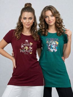 Vero Amore - Womens Printed Half Sleeve Round Neck Long T-Shirt (Pack of 2)