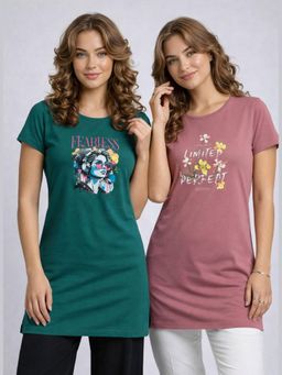 Vero Amore - Womens Printed Half Sleeve Round Neck Long T-Shirt (Pack of 2)