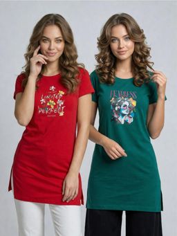 Vero Amore - Womens Printed Half Sleeve Round Neck Long T-Shirt (Pack of 2)