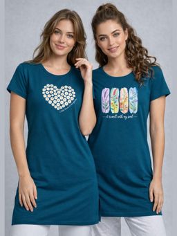 Vero Amore - Womens Teal Printed Half Sleeve Round Neck Long T-Shirt (Pack of 2)