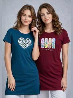 Vero Amore - Womens Printed Half Sleeve Round Neck Long T-Shirt (Pack of 2)