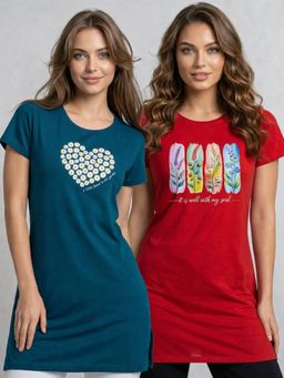 Vero Amore - Womens Printed Half Sleeve Round Neck Long T-Shirt (Pack of 2)