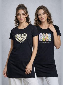 Vero Amore - Womens Black Printed Half Sleeve Round Neck Long T-Shirt (Pack of 2)