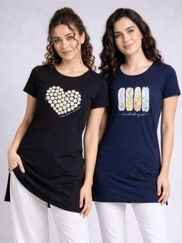 Vero Amore - Womens Printed Half Sleeve Round Neck Long T-Shirt (Pack of 2)