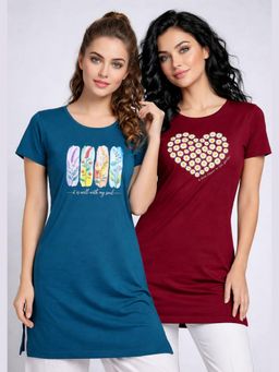 Vero Amore - Womens Printed Half Sleeve Round Neck Long T-Shirt (Pack of 2)