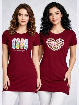 Vero Amore - Womens Maroon Printed Half Sleeve Round Neck Long T-Shirt (Pack of 2)