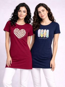 Vero Amore - Womens Printed Half Sleeve Round Neck Long T-Shirt (Pack of 2)