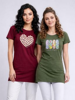 Vero Amore - Womens Printed Half Sleeve Round Neck Long T-Shirt (Pack of 2)