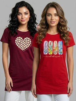 Vero Amore - Womens Printed Half Sleeve Round Neck Long T-Shirt (Pack of 2)