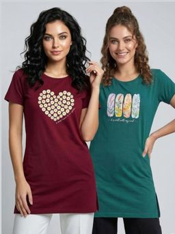 Vero Amore - Womens Printed Half Sleeve Round Neck Long T-Shirt (Pack of 2)