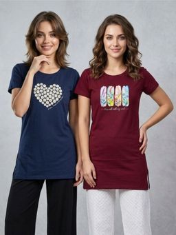 Vero Amore - Womens Printed Half Sleeve Round Neck Long T-Shirt (Pack of 2)