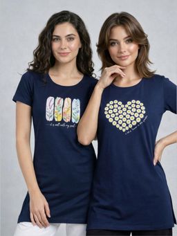 Vero Amore - Womens Navy Blue Printed Half Sleeve Round Neck Long T-Shirt (Pack of 2)