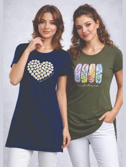 Vero Amore - Womens Printed Half Sleeve Round Neck Long T-Shirt (Pack of 2)