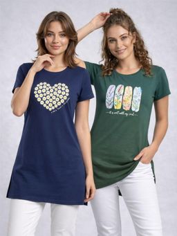 Vero Amore - Womens Printed Half Sleeve Round Neck Long T-Shirt (Pack of 2)