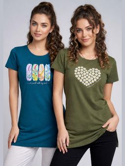 Vero Amore - Womens Printed Half Sleeve Round Neck Long T-Shirt (Pack of 2)