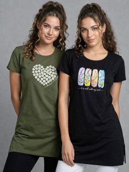 Vero Amore - Womens Printed Half Sleeve Round Neck Long T-Shirt (Pack of 2)