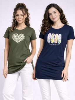 Vero Amore - Womens Printed Half Sleeve Round Neck Long T-Shirt (Pack of 2)