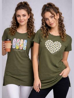 Vero Amore - Womens Olive Printed Half Sleeve Round Neck Long T-Shirt (Pack of 2)