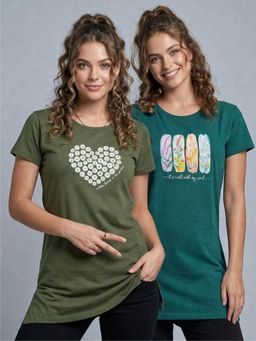 Vero Amore - Womens Printed Half Sleeve Round Neck Long T-Shirt (Pack of 2)