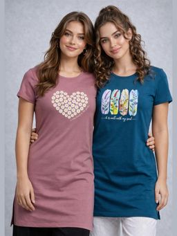 Vero Amore - Womens Printed Half Sleeve Round Neck Long T-Shirt (Pack of 2)