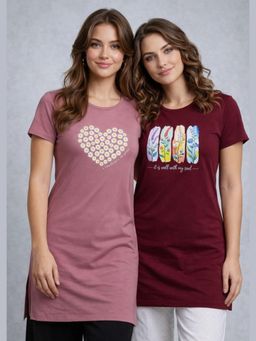 Vero Amore - Womens Printed Half Sleeve Round Neck Long T-Shirt (Pack of 2)