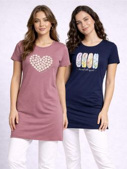 Vero Amore - Womens Printed Half Sleeve Round Neck Long T-Shirt (Pack of 2)