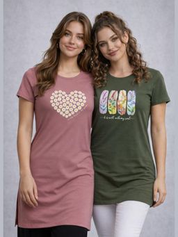 Vero Amore - Womens Printed Half Sleeve Round Neck Long T-Shirt (Pack of 2)