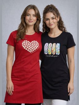 Vero Amore - Womens Printed Half Sleeve Round Neck Long T-Shirt (Pack of 2)