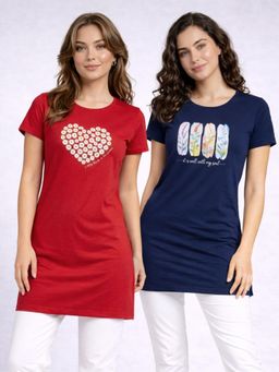 Vero Amore - Womens Printed Half Sleeve Round Neck Long T-Shirt (Pack of 2)
