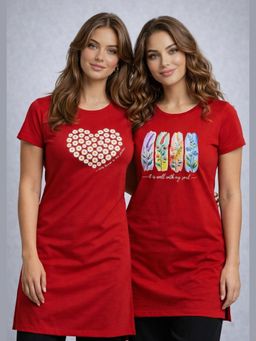 Vero Amore - Womens Red Printed Half Sleeve Round Neck Long T-Shirt (Pack of 2)