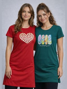 Vero Amore - Womens Printed Half Sleeve Round Neck Long T-Shirt (Pack of 2)