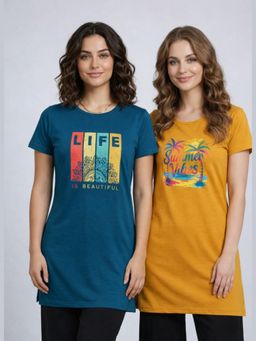 Vero Amore - Womens Printed Half Sleeve Round Neck Long T-Shirt (Pack of 2)
