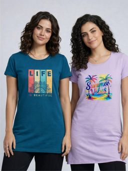 Vero Amore - Womens Printed Half Sleeve Round Neck Long T-Shirt (Pack of 2)
