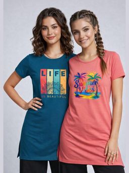 Vero Amore - Womens Printed Half Sleeve Round Neck Long T-Shirt (Pack of 2)
