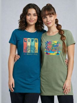 Vero Amore - Womens Printed Half Sleeve Round Neck Long T-Shirt (Pack of 2)
