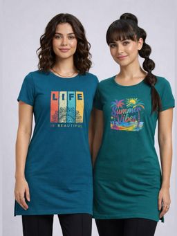 Vero Amore - Womens Printed Half Sleeve Round Neck Long T-Shirt (Pack of 2)
