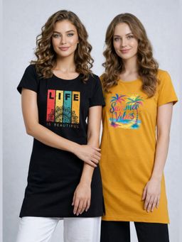 Vero Amore - Womens Printed Half Sleeve Round Neck Long T-Shirt (Pack of 2)