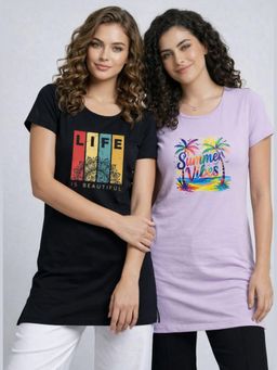 Vero Amore - Womens Printed Half Sleeve Round Neck Long T-Shirt (Pack of 2)